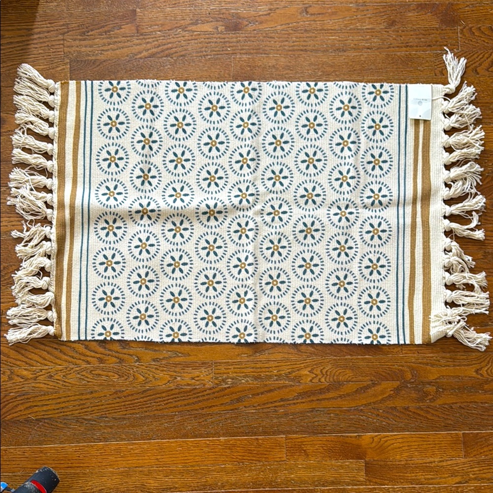 Boho Patterned Fringe Rug in Cream and Gold and Blue with tassels